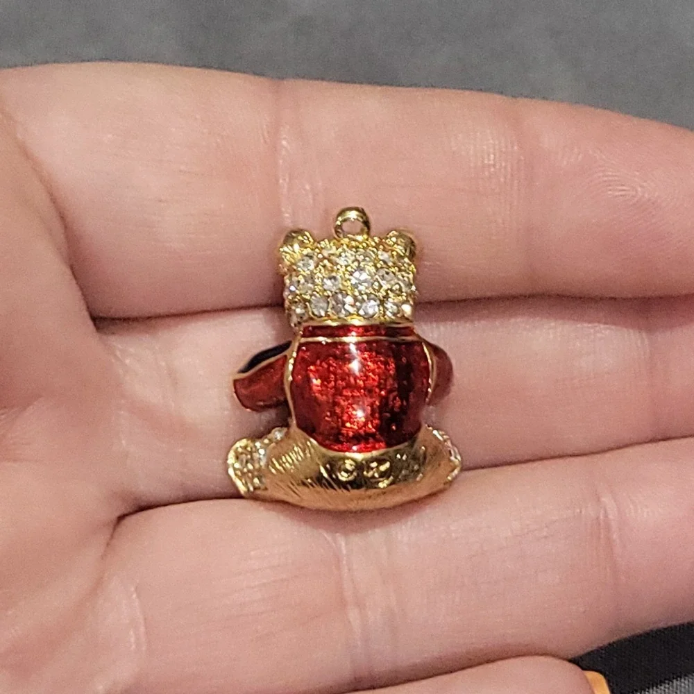 Savvy Swarovski Limited Edition Crystal Gold Tone Teddy Bear Pendant Red Enamel